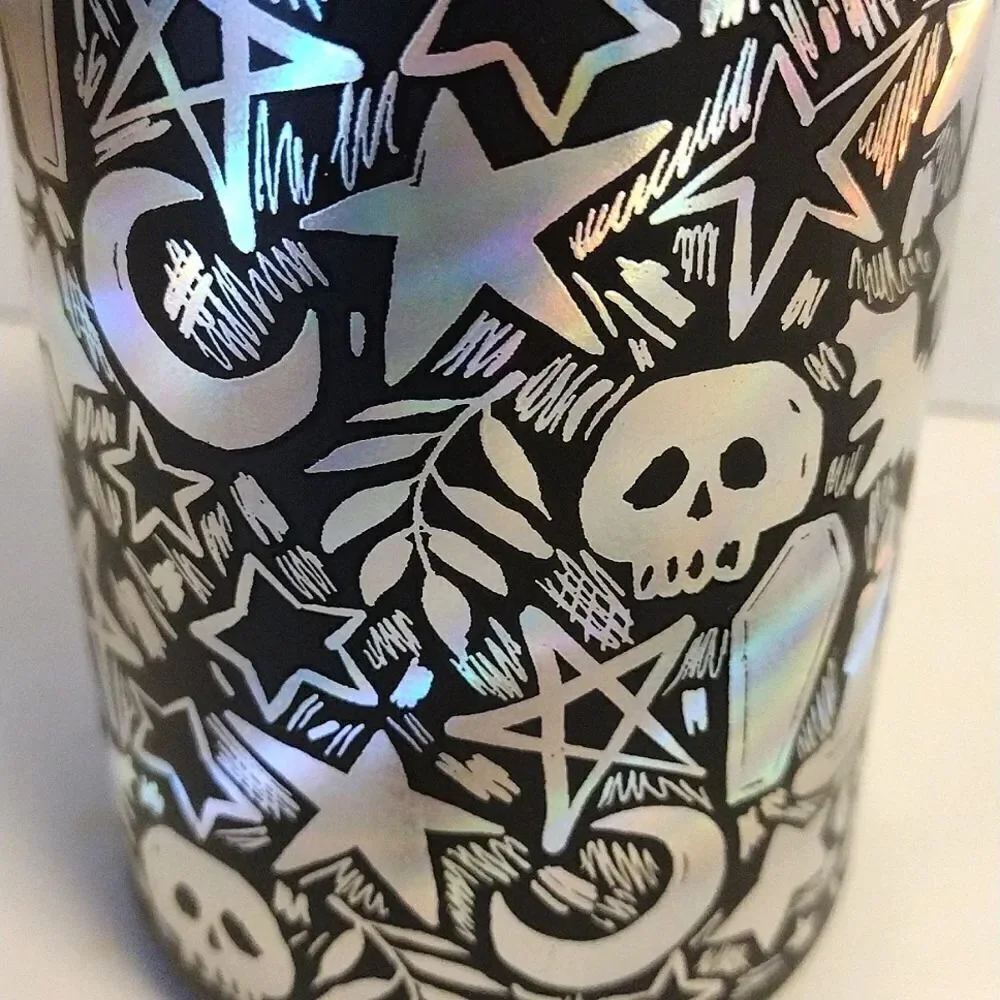 Halloween Black Iridescent‎ Skulls Printed Glass Coffee Cup with Straw NWT